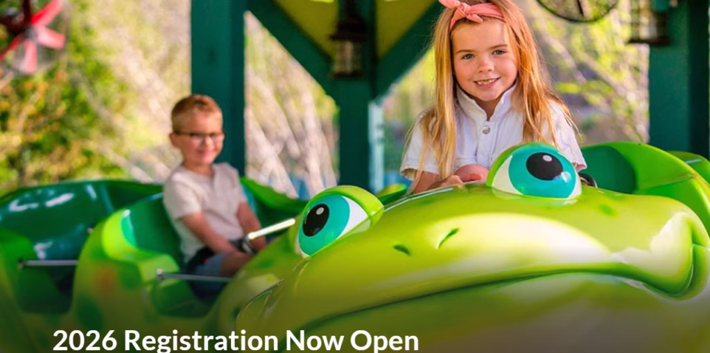 Kids on frog ride, registration open 2026.