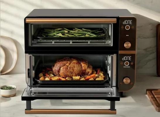 Dual oven with roasted vegetables and meat Ninja Double Oven Pro